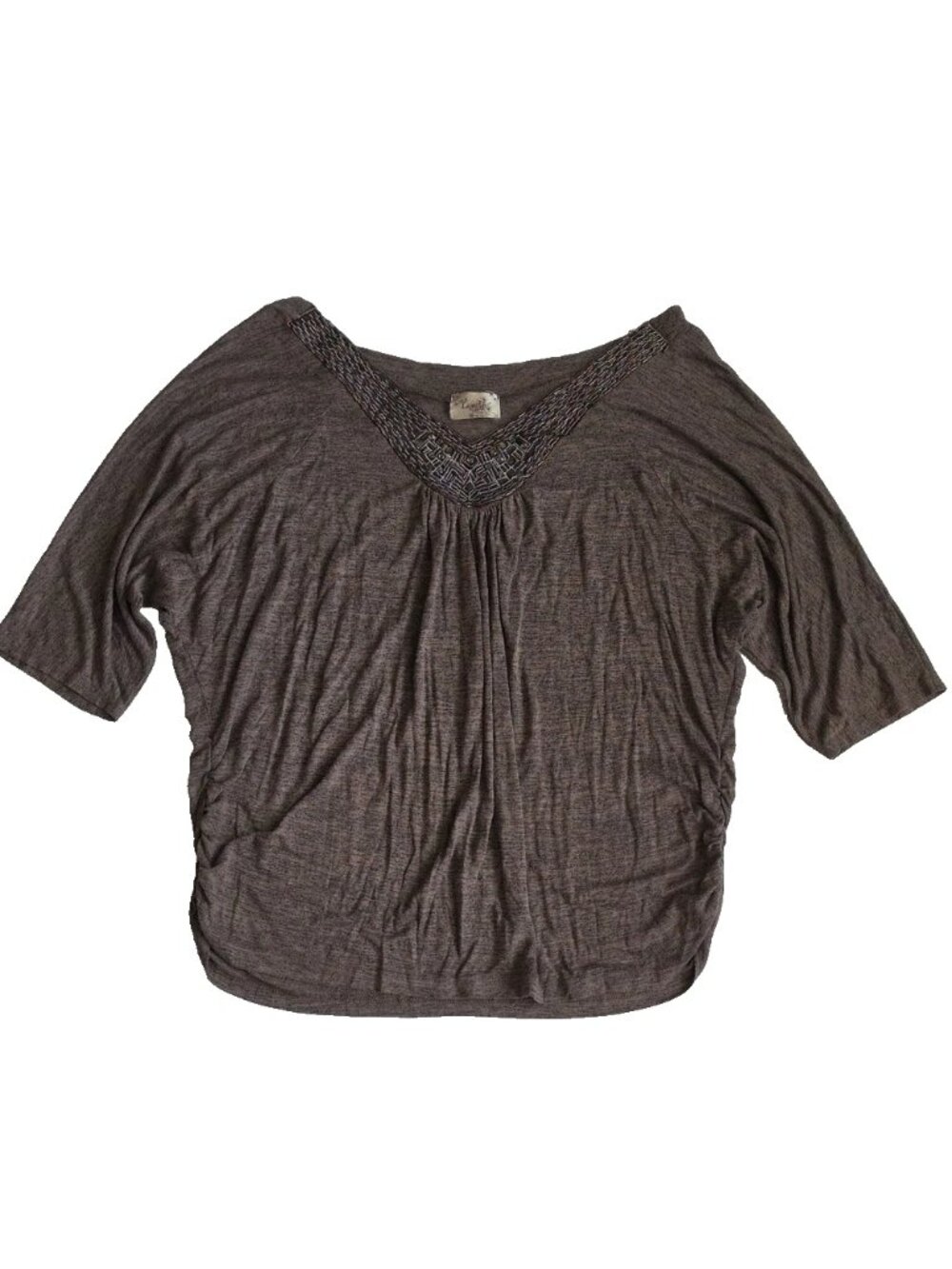 Lavish Taupe Short Sleeve V-Neck Top with Beaded Trim